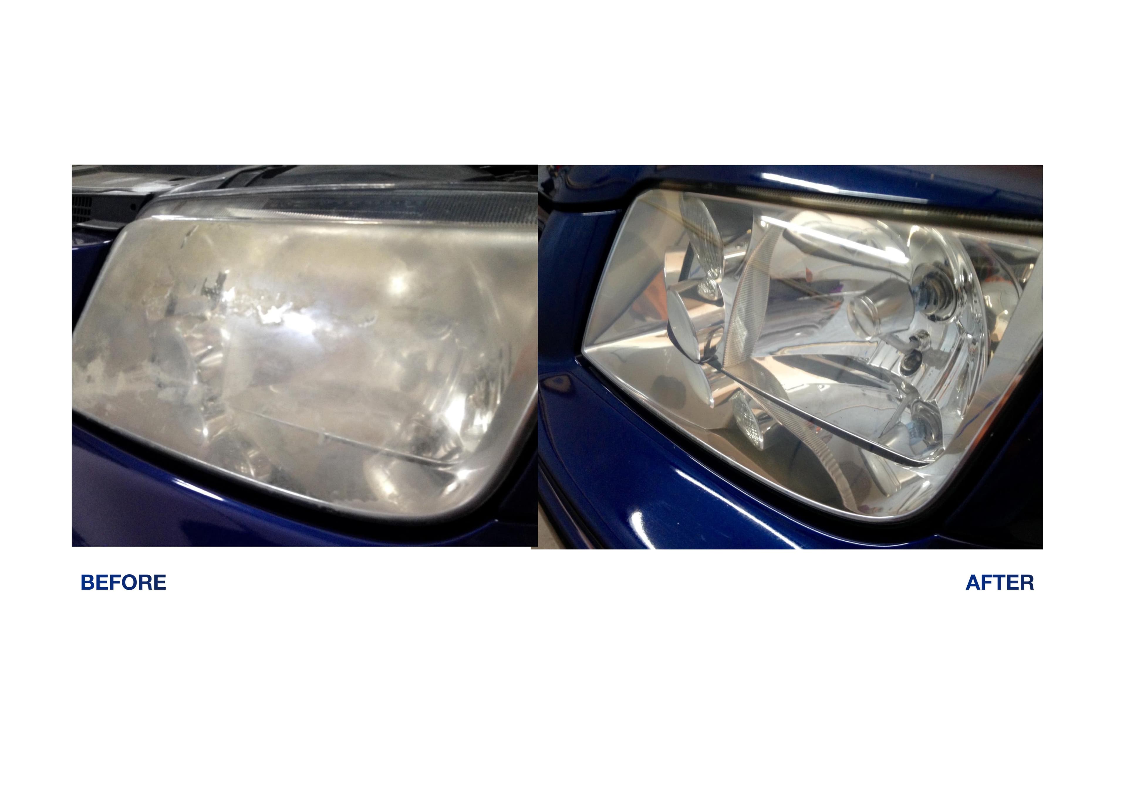 Before and after headlight restoration showing dramatic clarity improvement