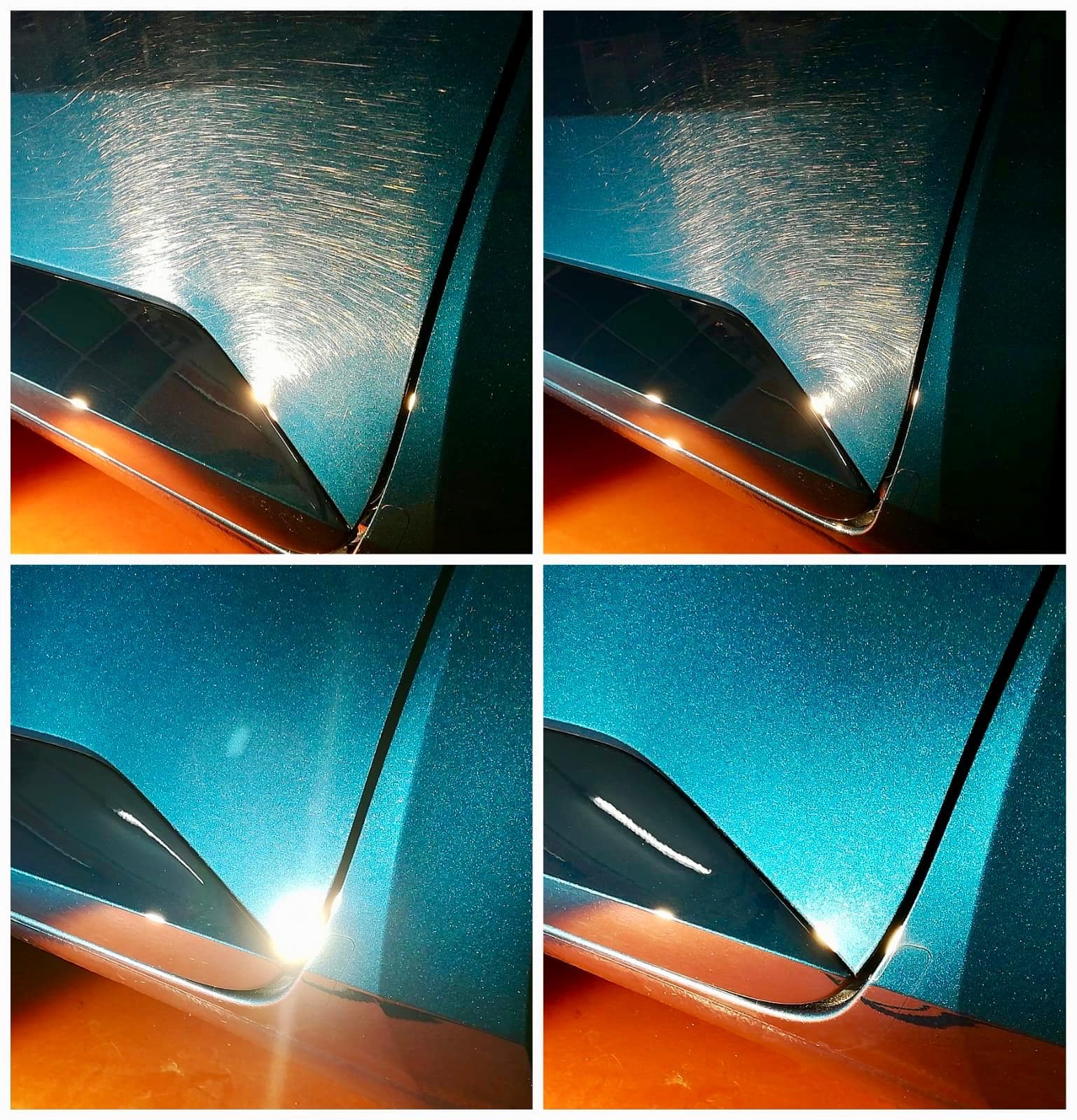 Before and after paint correction and ceramic coating showing scratch removal
