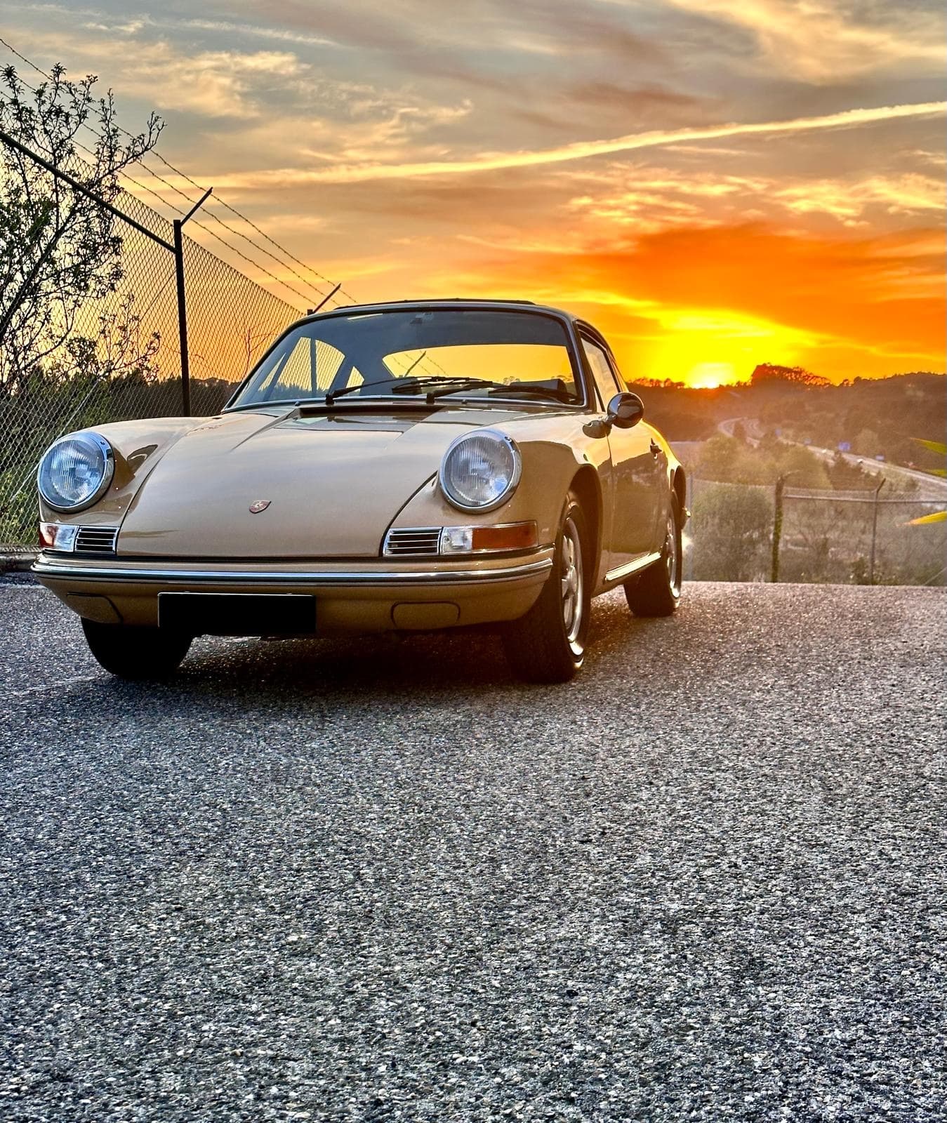 Cream Porsche 911 at sunset after full detail and wax