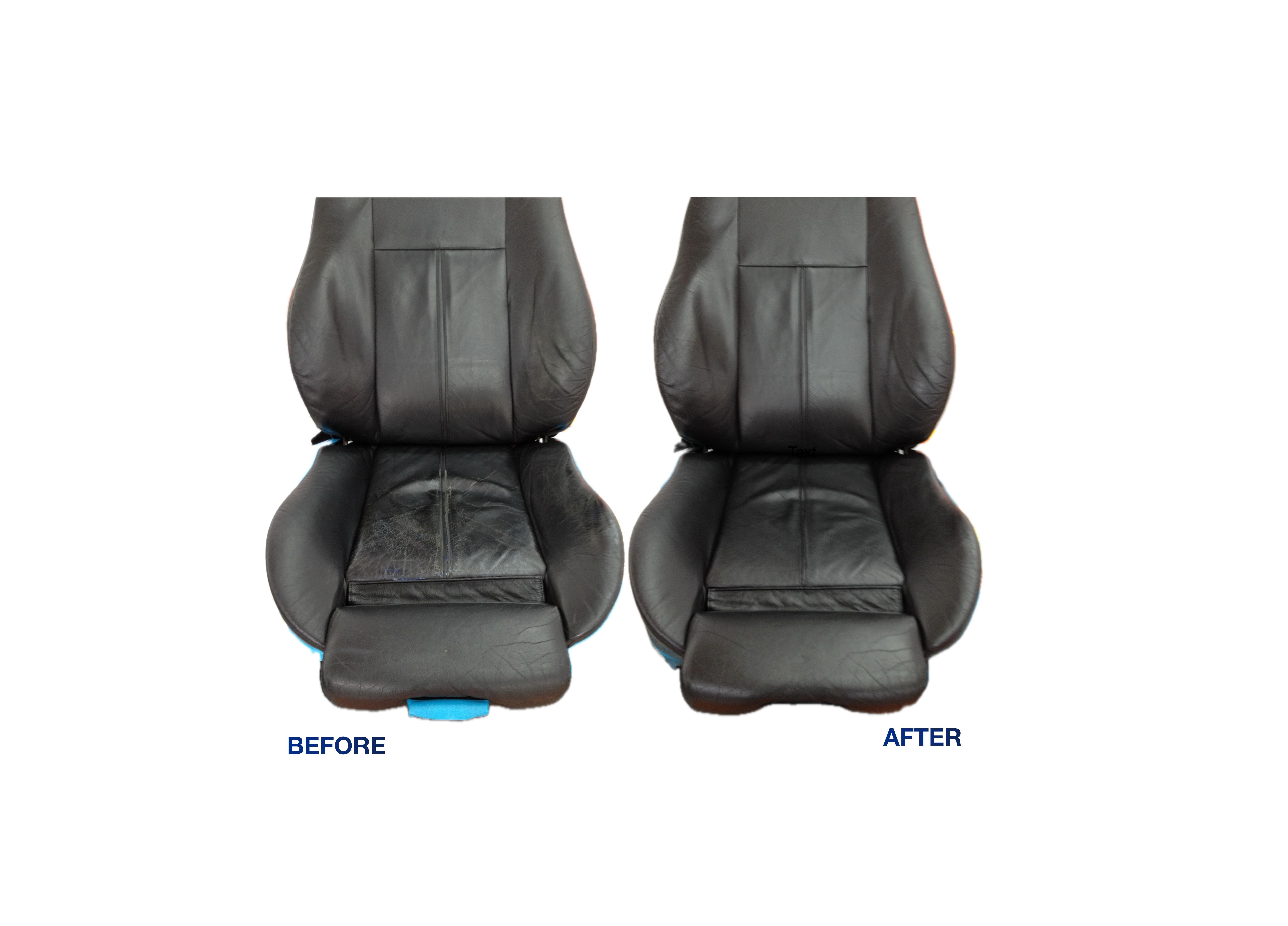 Black leather front seat recoloration before and after comparison showing worn leather restored to perfect condition